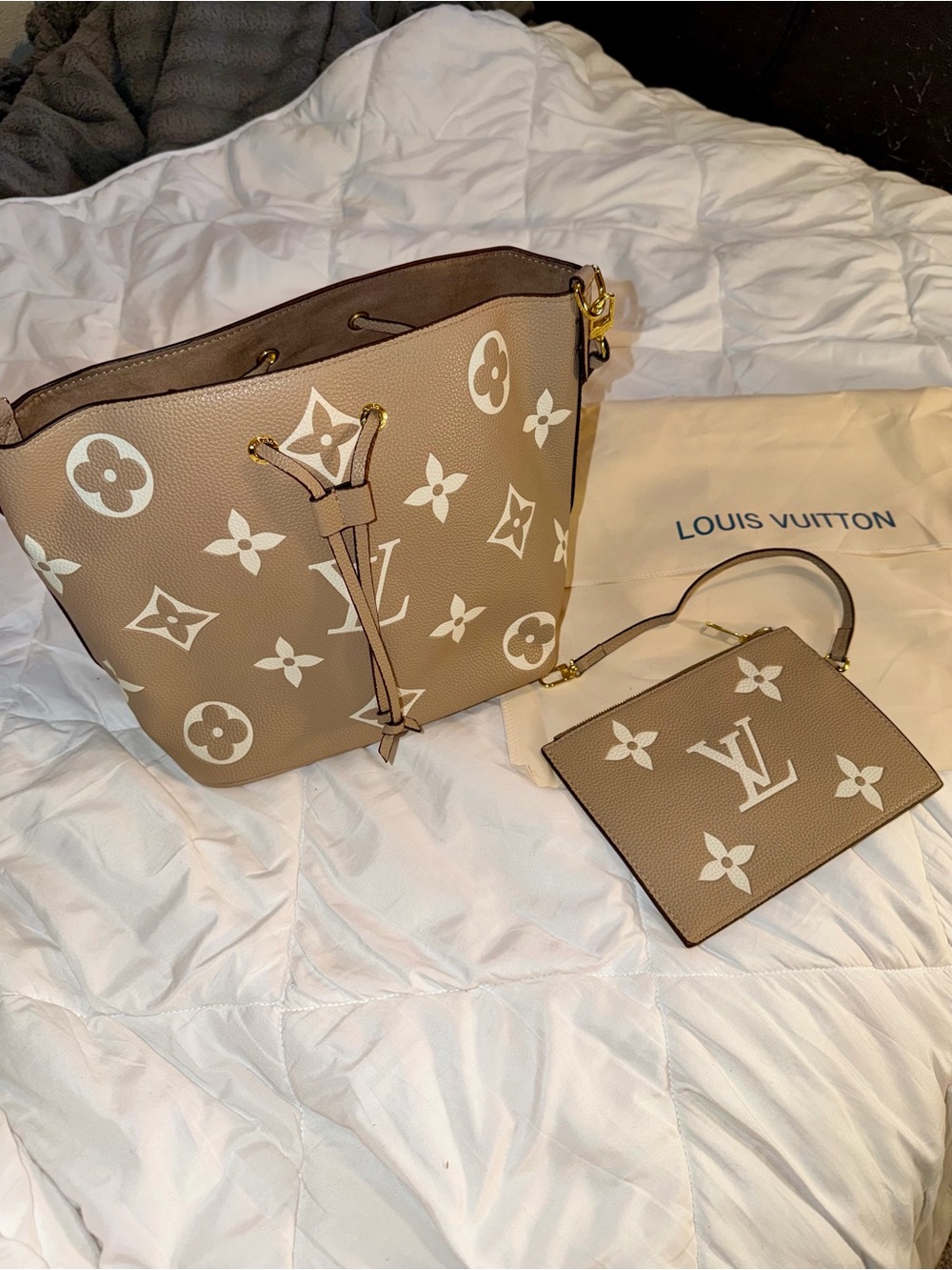 Louis Vuitton Taupe Monogram Bucket Bag with Pouch